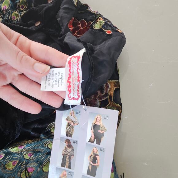 Boho Burnout Velvet Peacock Embroidered Kimono Shawl Wrap Fringe One Size - Picture 5 of 9